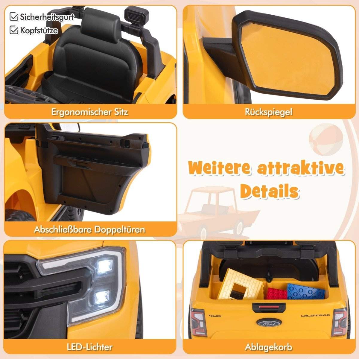 Børne elbil Ford 12V børnebil el med fjernbetjening & opbevaringskurv & USB & musik gul