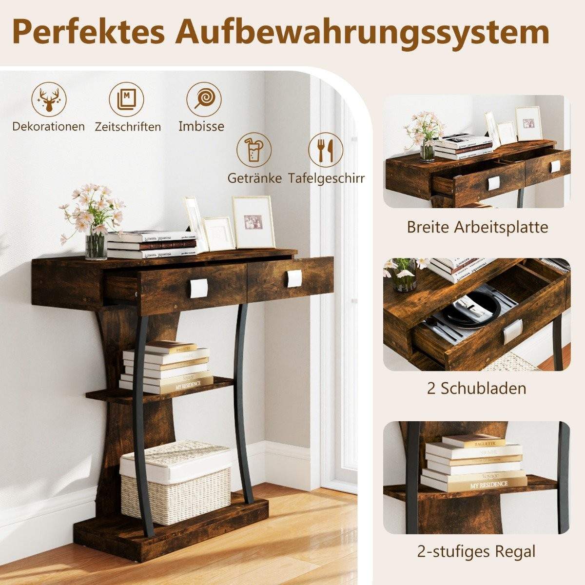 Konsolbord med 2 skuffer Indgangsbord lavet af træ med 2 hylder 91 x 30 x 87 cm Rustik brun