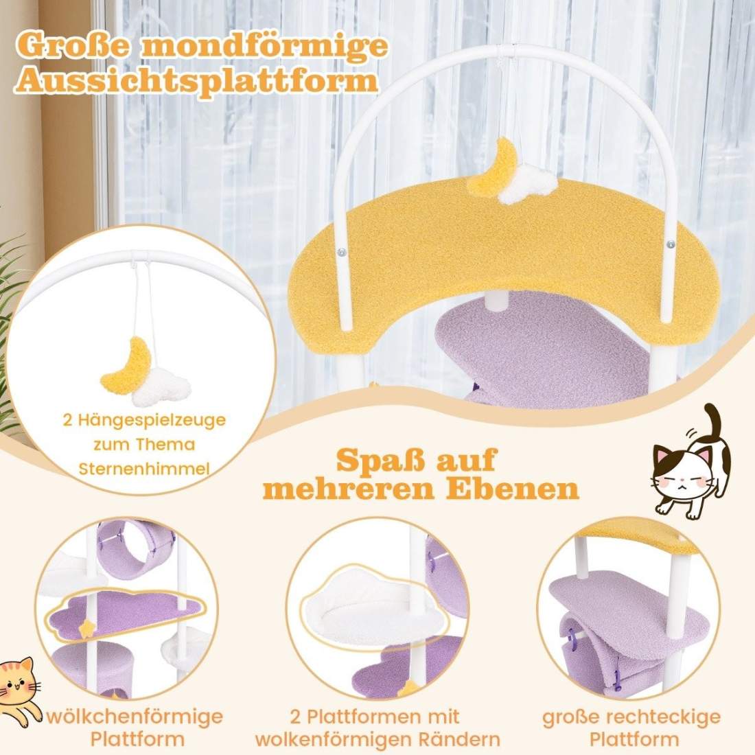 Skrapstolpe 158 ​​cm kattträd med hängande leksak för kattgrottunnel & stor månformad liggyta lila + vit | Hem & Hobby - Husdjur - Katt - Katträd | Pryloteket