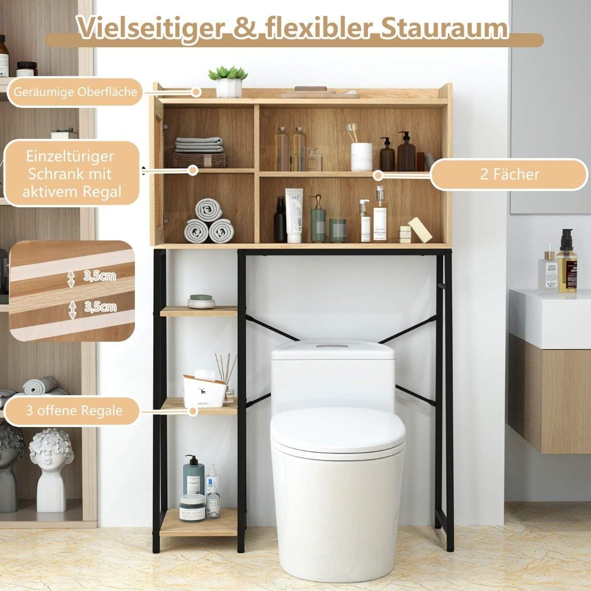 Toiletskab med PE rattan låge Toilethylde med justerbar hylde natur
