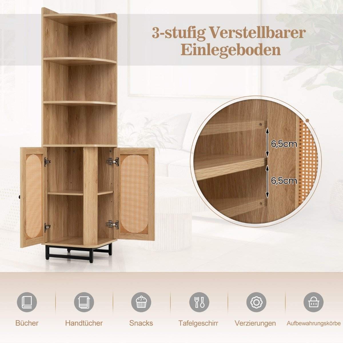 Hjørne reol lavet af PE rattan 172 cm høj skab med 2 låger & 4 åbne hylder natur