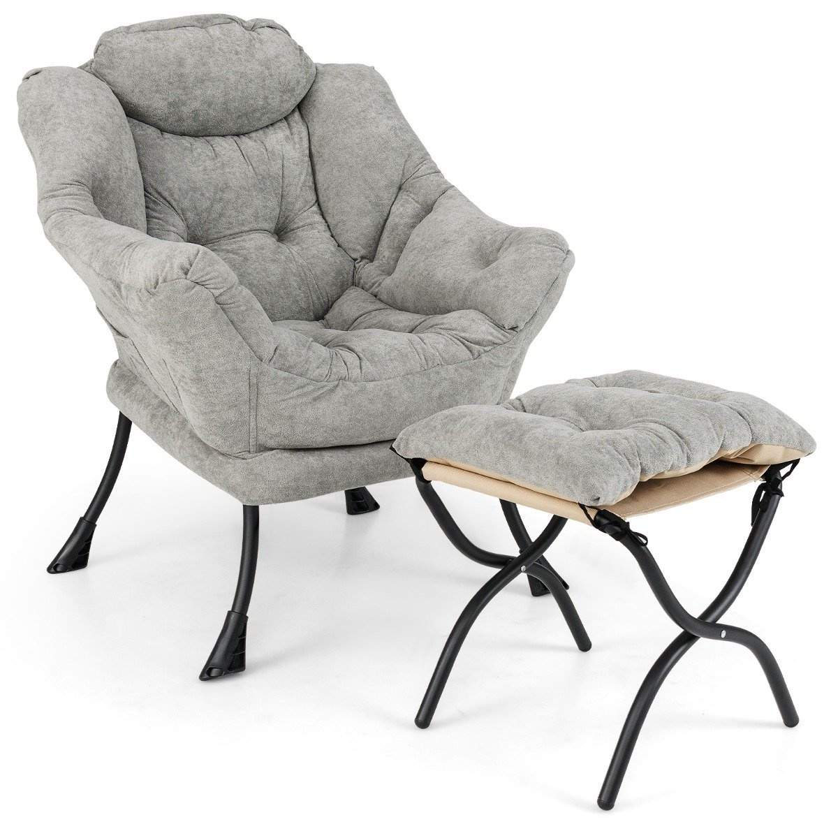 Nojatuoli jakkaralla & käsinojalla ja sivutaskulla ja kaksipuoleinen jalkatuen rentoutustuoli harmaa