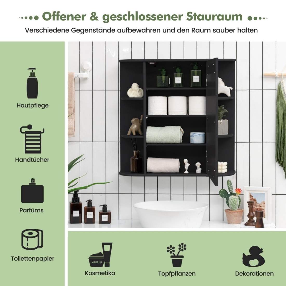 Spegelskåp badrum 4 fack & 6 öppna hyllor badrumsskåp med spegel 66 x 17 x 63 cm svart | Hälsa & Skönhet - Mun- & Tandvård - Tandborstar | Pryloteket