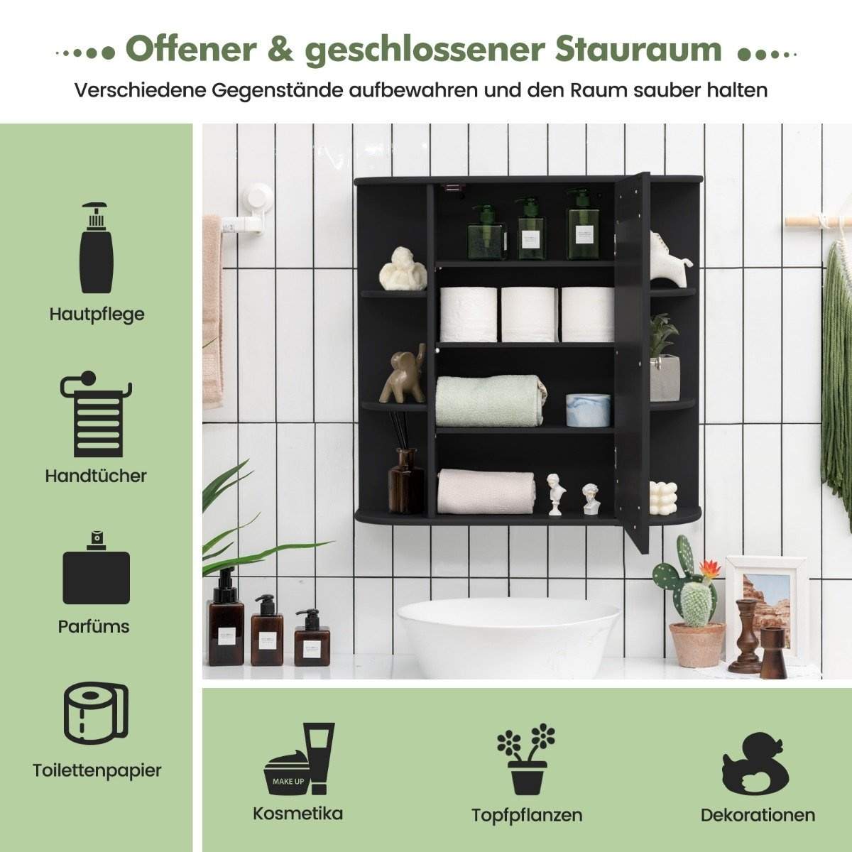 Spejlskab badeværelse 4 rum & 6 åbne hylder badeværelsesskab med spejl 66 x 17 x 63 cm sort