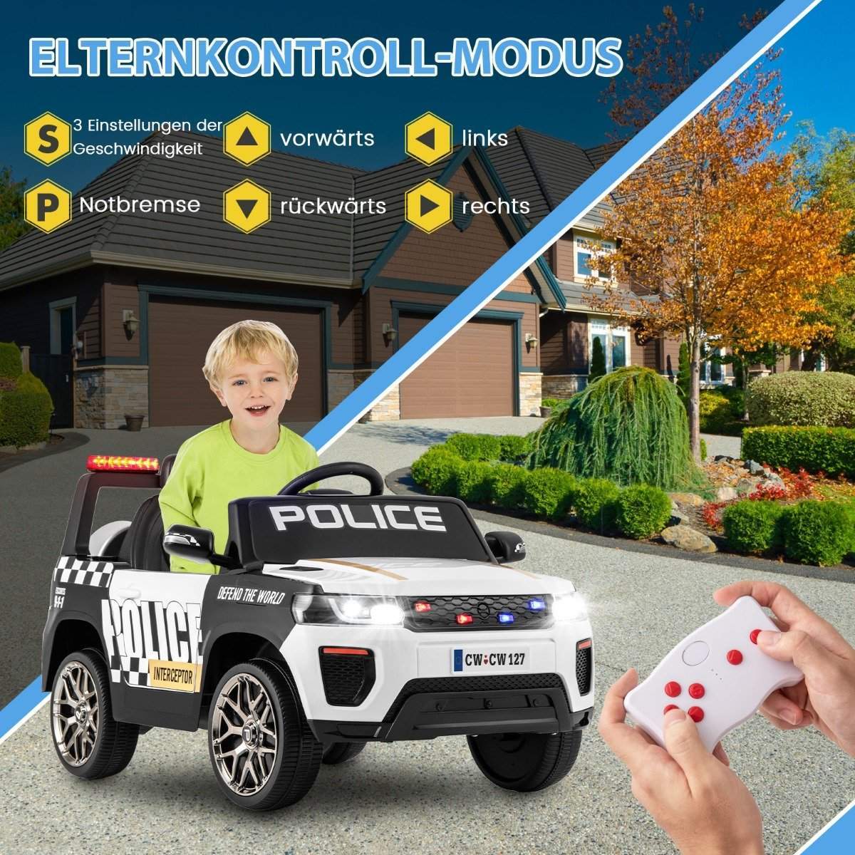12V barnelbil Polis Elektrisk barnbil med fjärrkontroll Elbil för barn från 3 år Vit | Elektronik - Kablar & Adaptrar - Adaptrar & Signalomvandlare - Ljud | Pryloteket