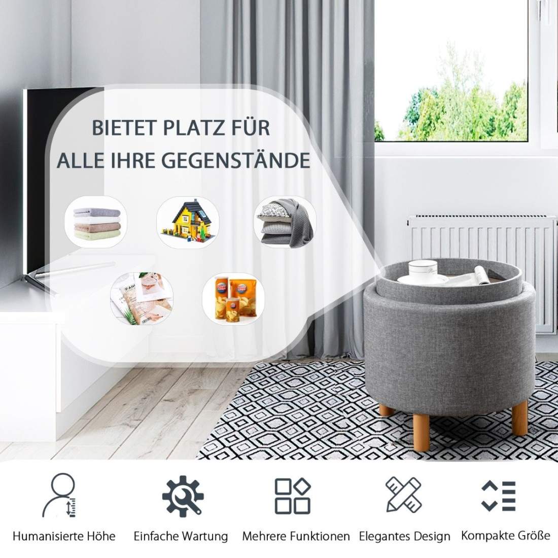 Rund pall med förvaringsutrymme & Avtagbart lock rymmer upp till 150 kg Grå fotpall | Elektronik - Ljud & Bild - TV-Tillbehör - Fjärrkontroller | Pryloteket