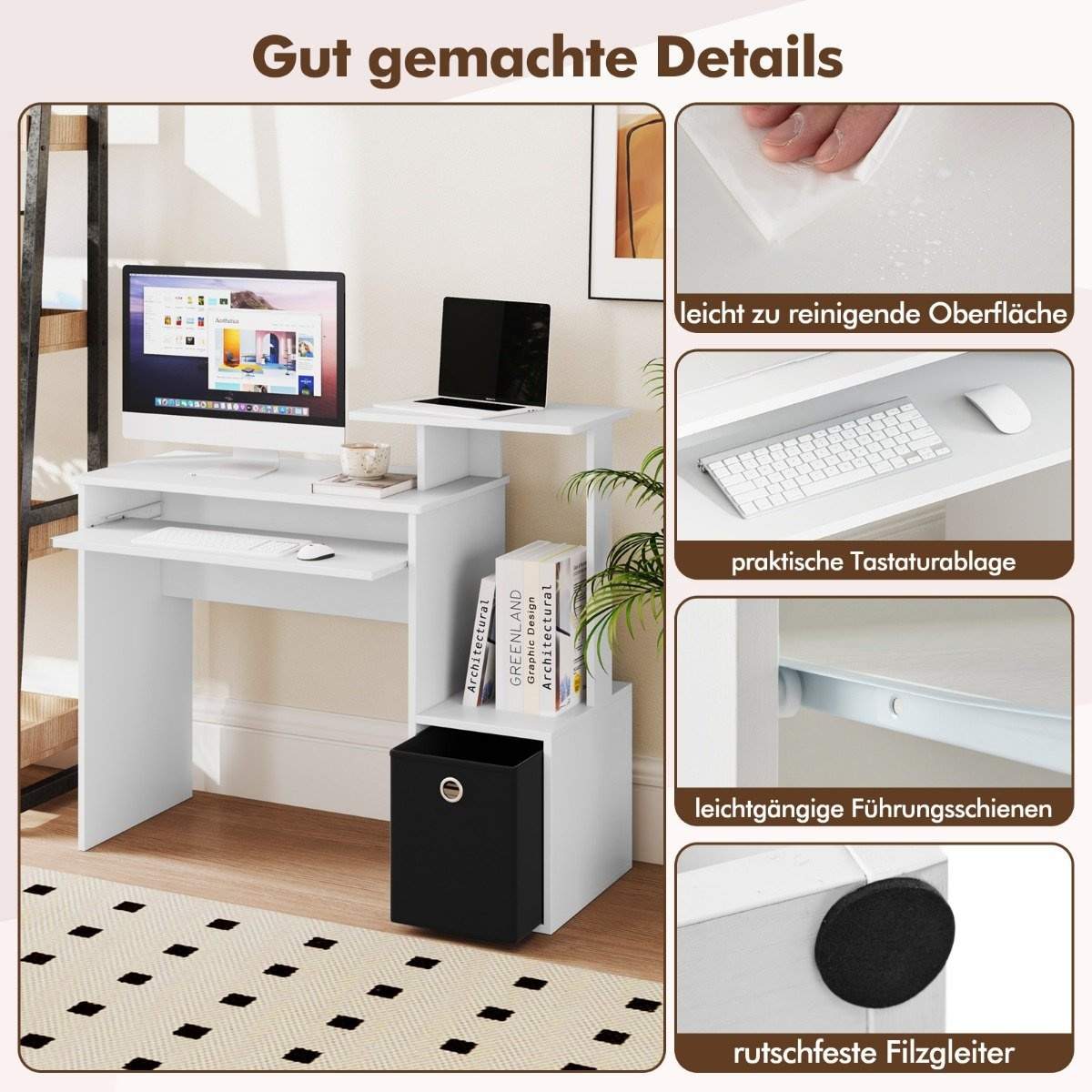 Skrivebord Lille computerbord med printerbakke Kontorbord til hjemmekontor 100 x 40 x 87 cm Hvid