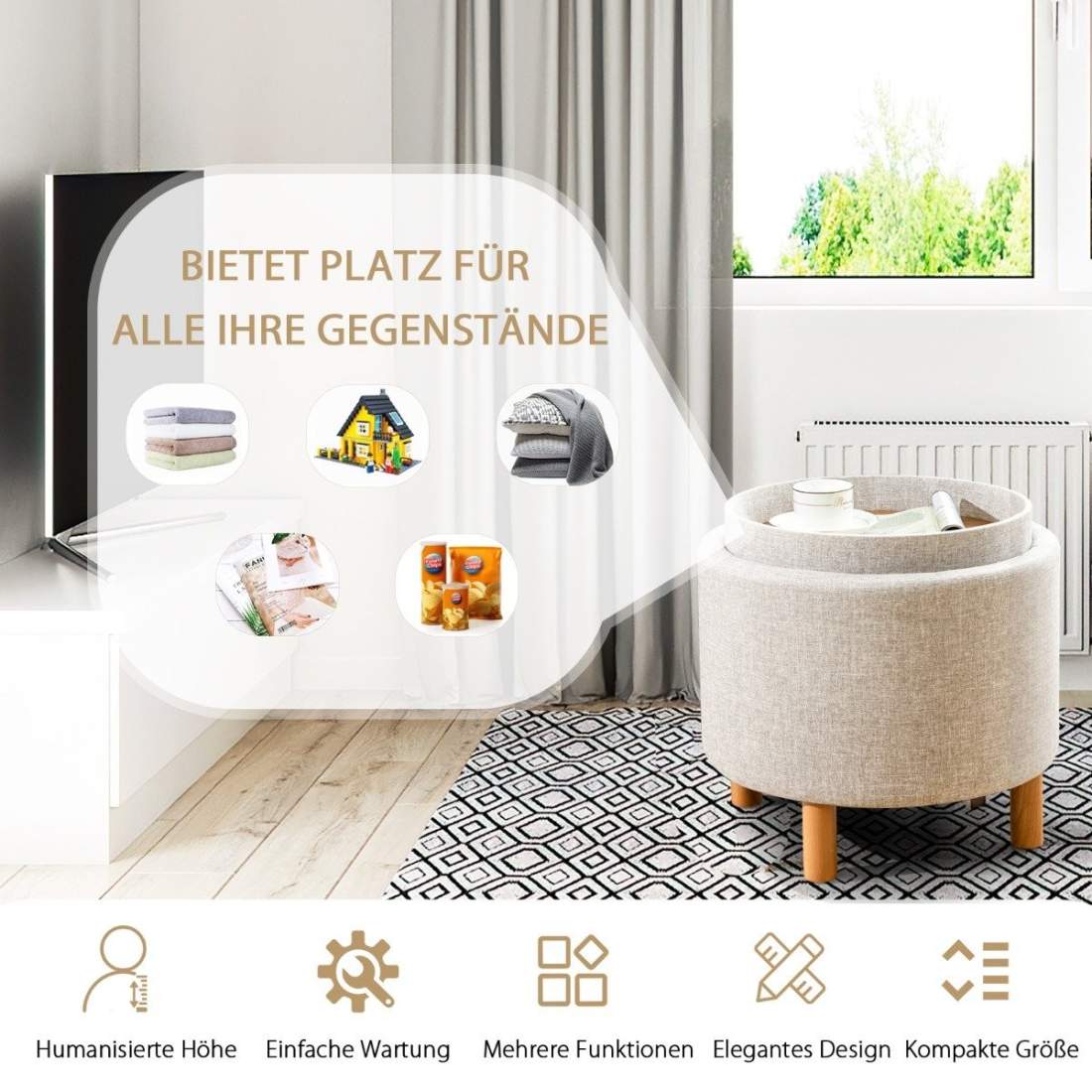 Rund pall med förvaringsutrymme & Avtagbart lock rymmer upp till 150 kg Beige fotpall | Hem & Hobby - Hem & Hushåll - Sovrum | Pryloteket