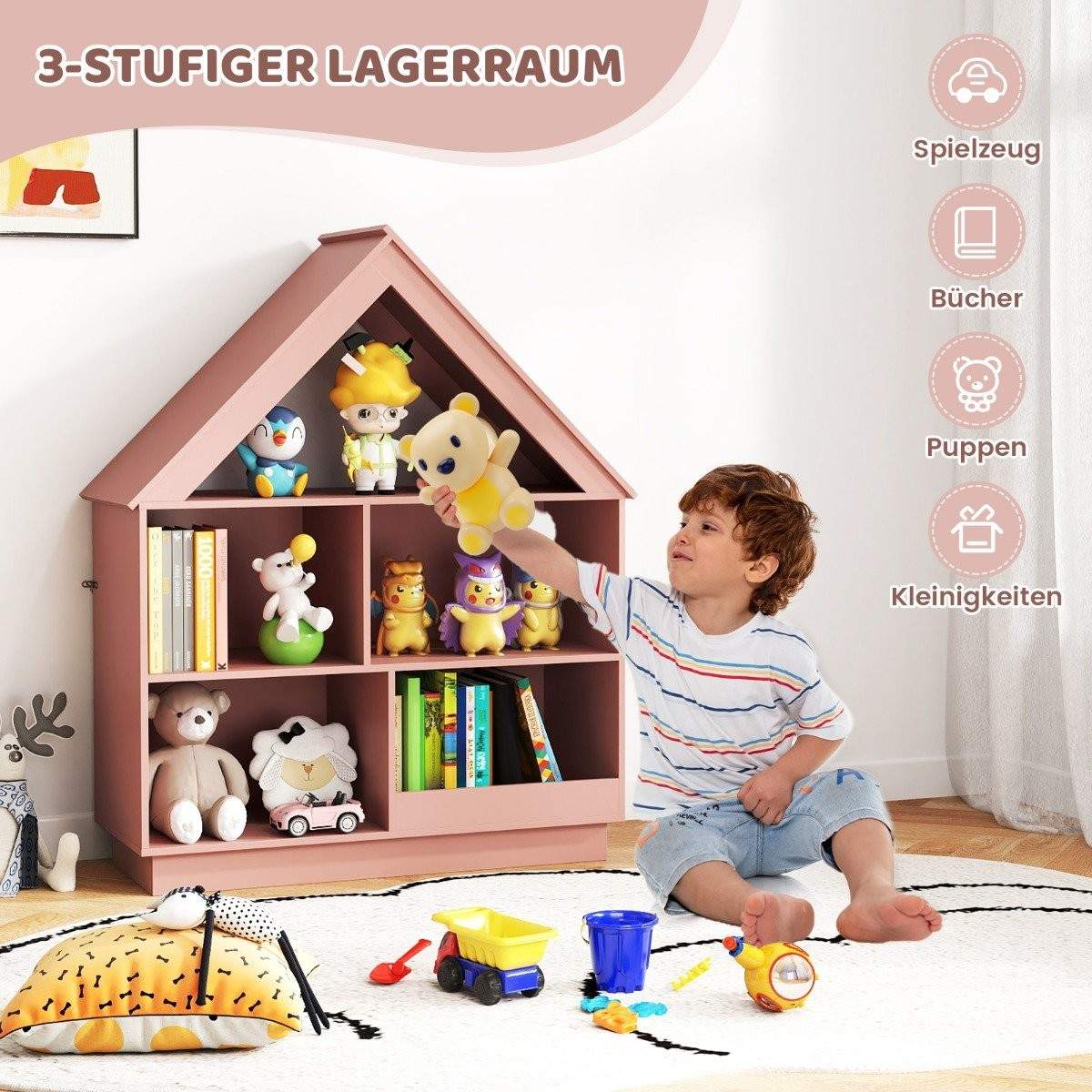 Børnehusformet reol, børnehylde i træ med 5 rum, 88 x 34 x 108 cm, pink