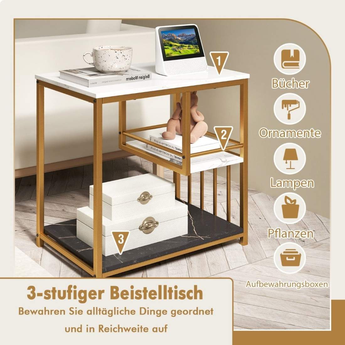 Sidobord marmorlook 3-vånings sängbord med metallram soffbord modernt vardagsrumsbord vitt | Hem & Hobby - Hem & Hushåll - Sovrum | Pryloteket