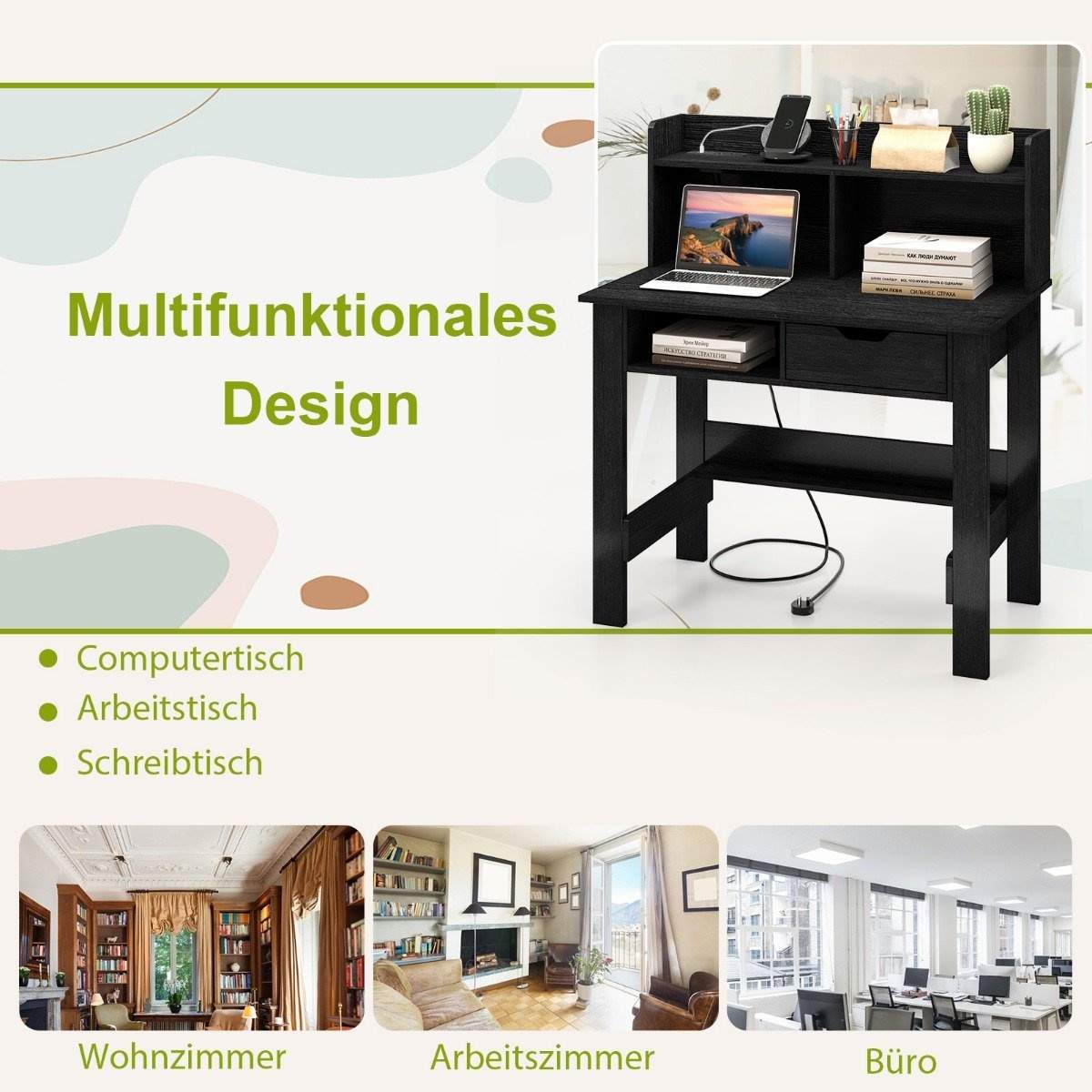 Skrivebord med stikkontakter Lille computerbord med fastgørelse 95 x 56 x 109,5 cm Sort