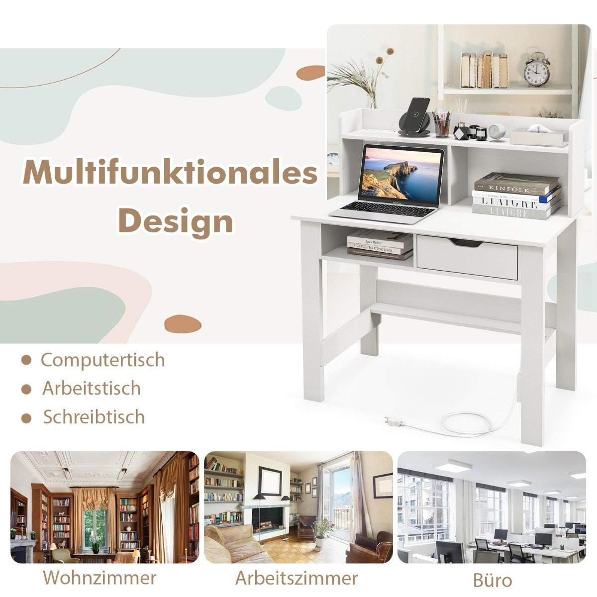 Skrivbord med uttag Litet datorbord med fäste 95 x 56 x 109,5 cm vit | Elektronik - Kablar & Adaptrar - Adaptrar & Signalomvandlare - USB | Pryloteket