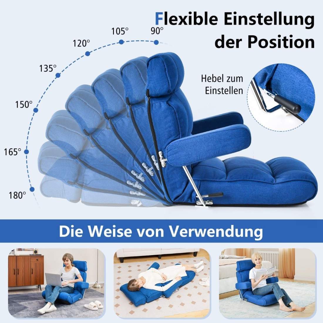 Golvstol hopfällbar bondsoffa med justerbart ryggstöd 80 x 72 x 75 cm blå | Hem & Hobby - Hem & Hushåll - Sovrum | Pryloteket