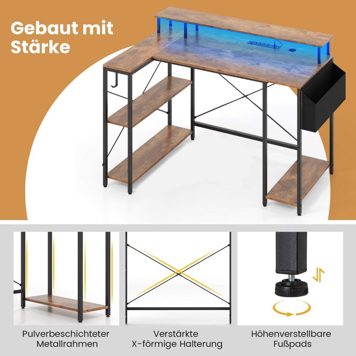 L-format skrivbord med eluttag & LED-belysning Speldatorbord Rustik Brun | Sport & Fritid - Friluftsliv & Camping - Belysning | Pryloteket