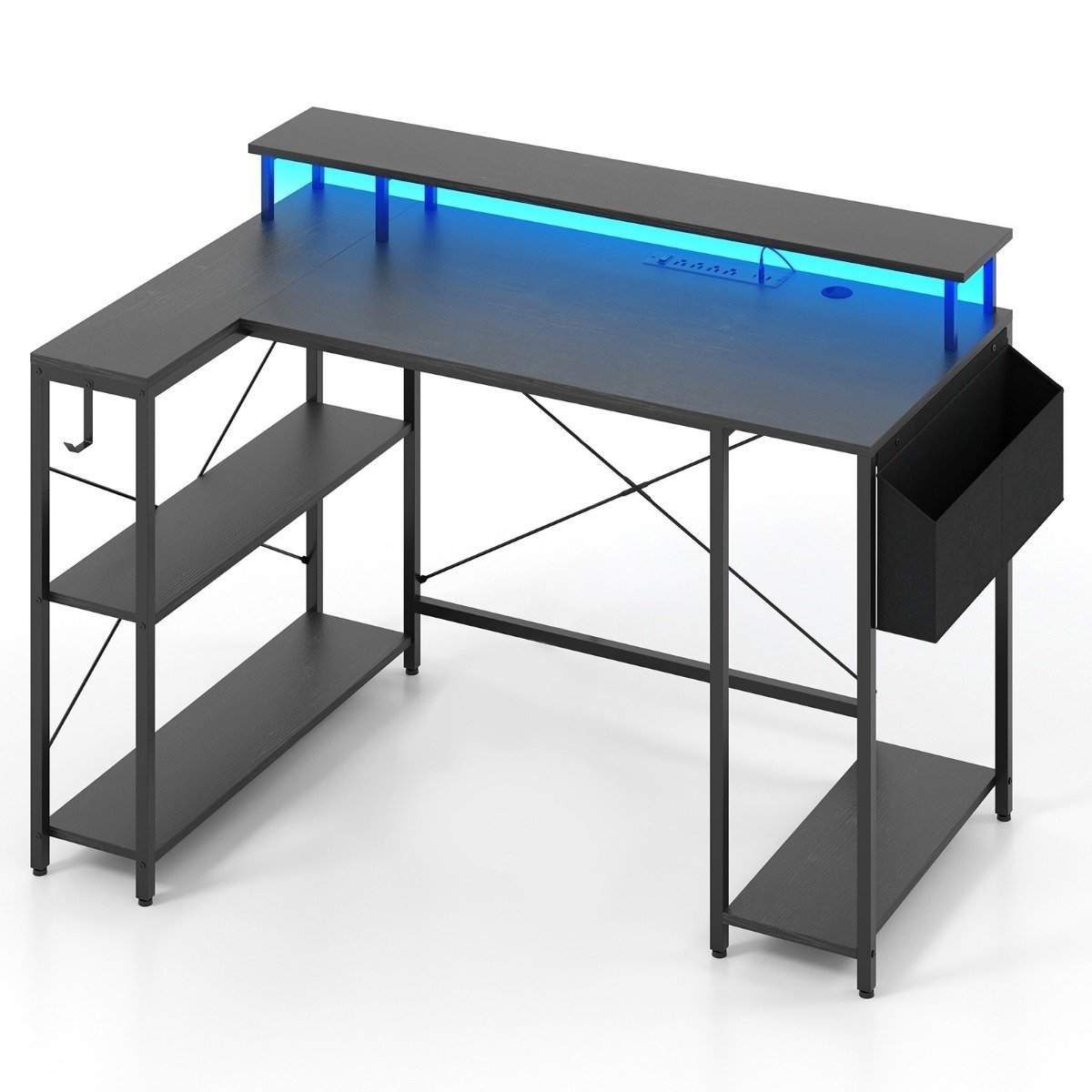 L-formet skrivebord med strømudtag & LED belysning gaming computer skrivebord sort
