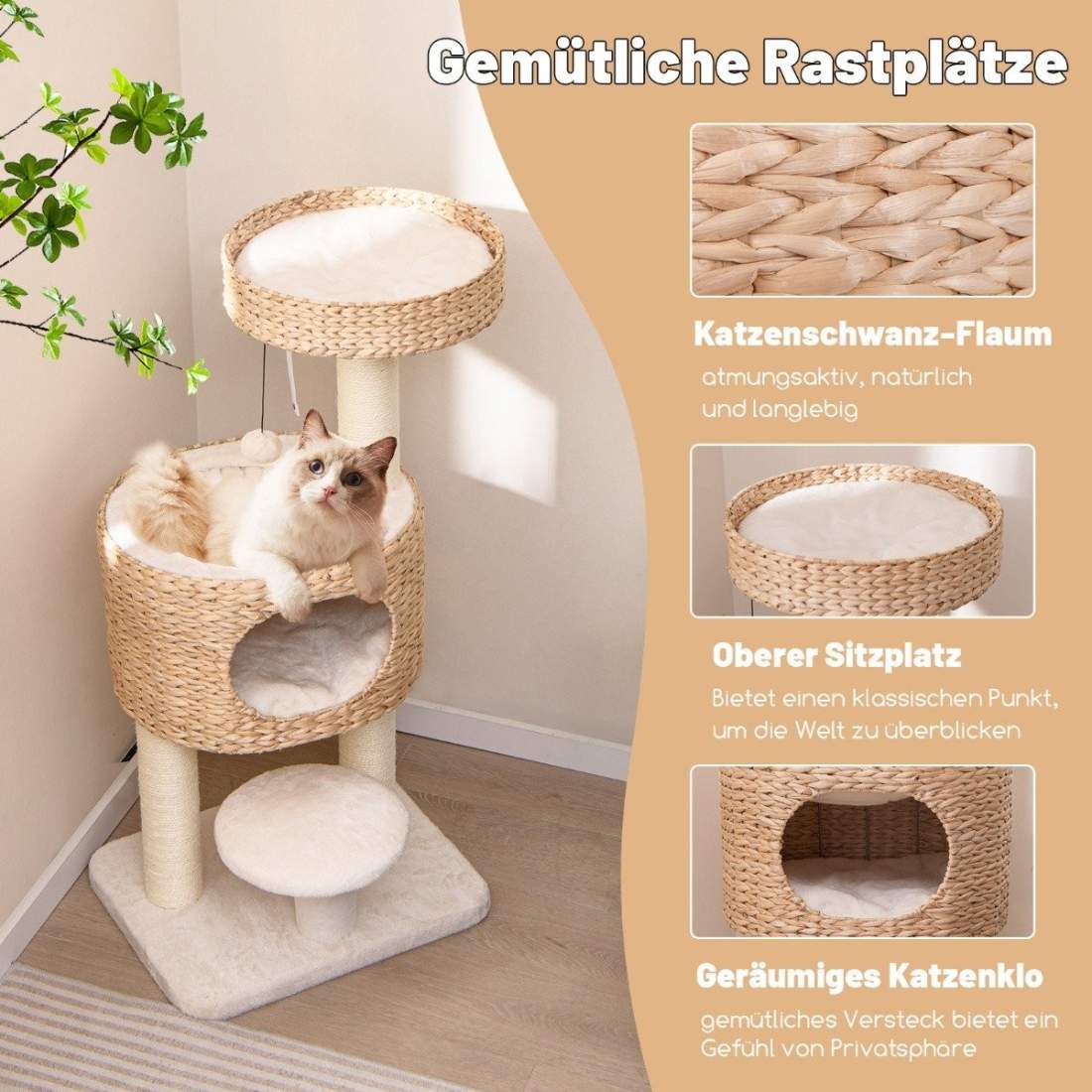Skrapstolpe med kattgrotta 104 cm högt kattträd med abborre & plattform beige + natur | Hem & Hobby - Husdjur - Katt - Katträd | Pryloteket