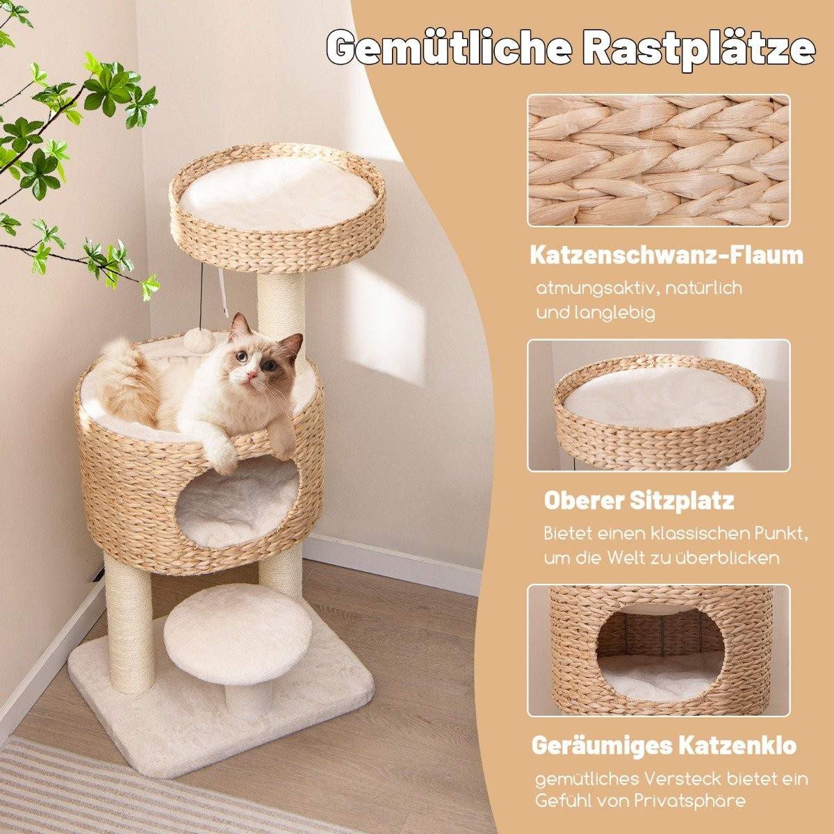 Kradsestolpe med kattehule 104 cm højt kattetræ med aborre & platform beige + natur