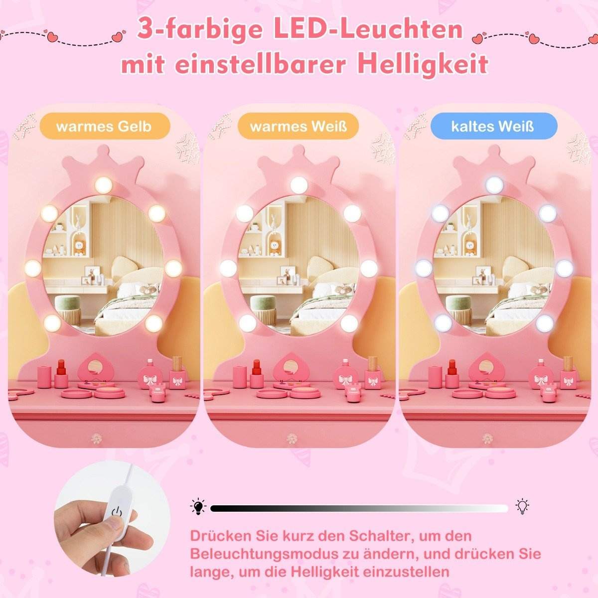 Børne sminkebord med belysning 2 i 1 sminkebord prinsesse med aftageligt spejl pink
