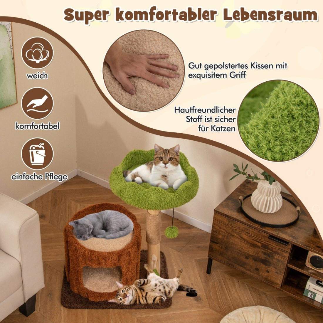 Kattskrapstolpe kattträd med kattgrotta i form av trädhål brun + grön 60 x 46 x 73 cm | Hem & Hobby - Husdjur - Katt - Katträd | Pryloteket