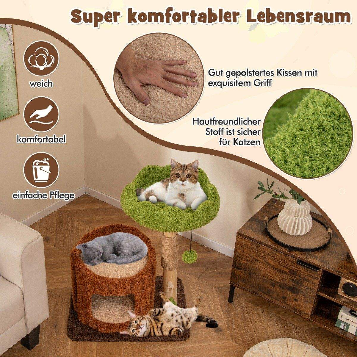 Kissan raapimispylväs kissapuu kissaluolalla puunreiän muotoinen ruskea + vihreä 60 x 46 x 73 cm