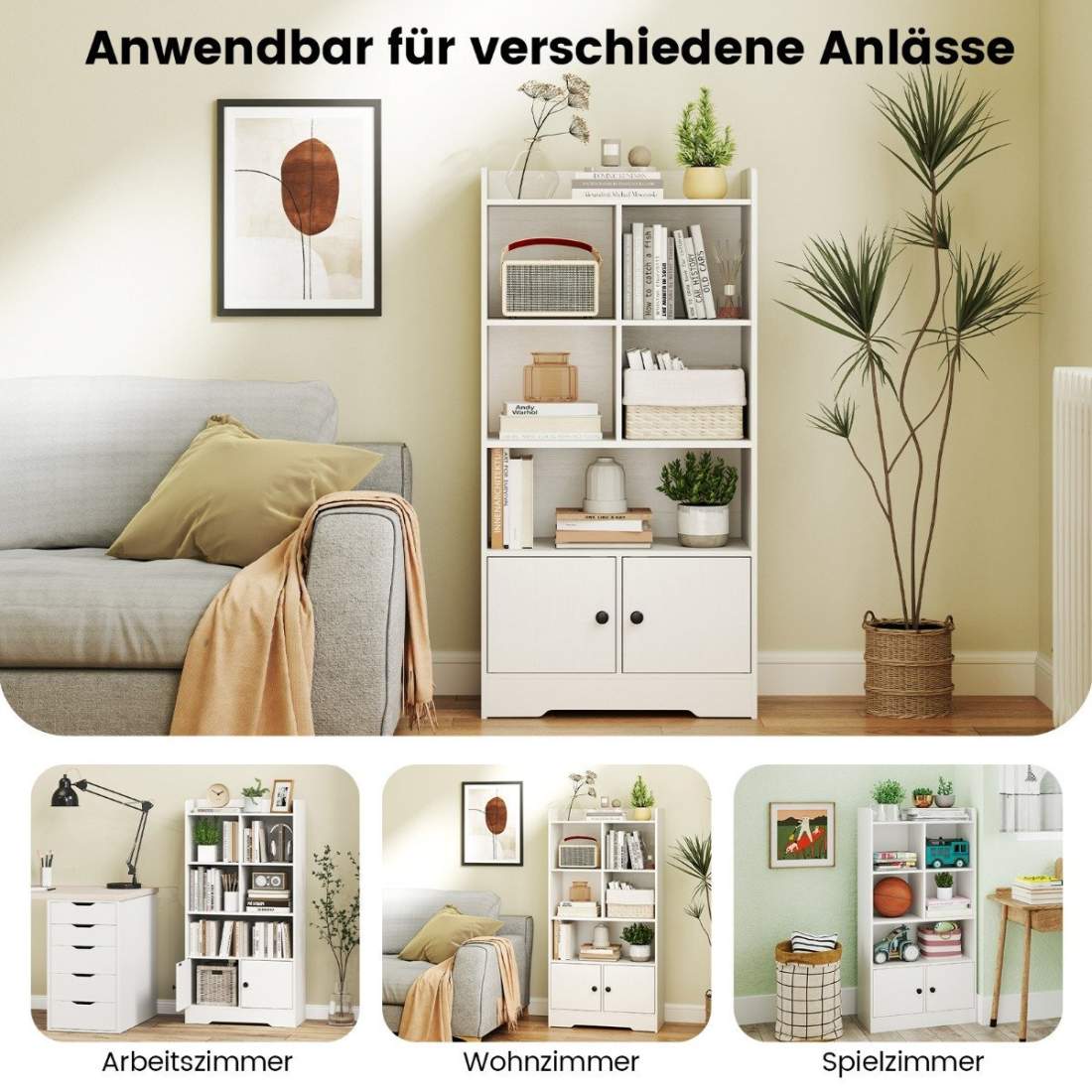 Bokhylla med 2 dörrar och 5 fack, vit träbokhylla, 60 x 29,5 x 120 cm | Hem & Hobby - Hem & Hushåll - Sovrum | Pryloteket