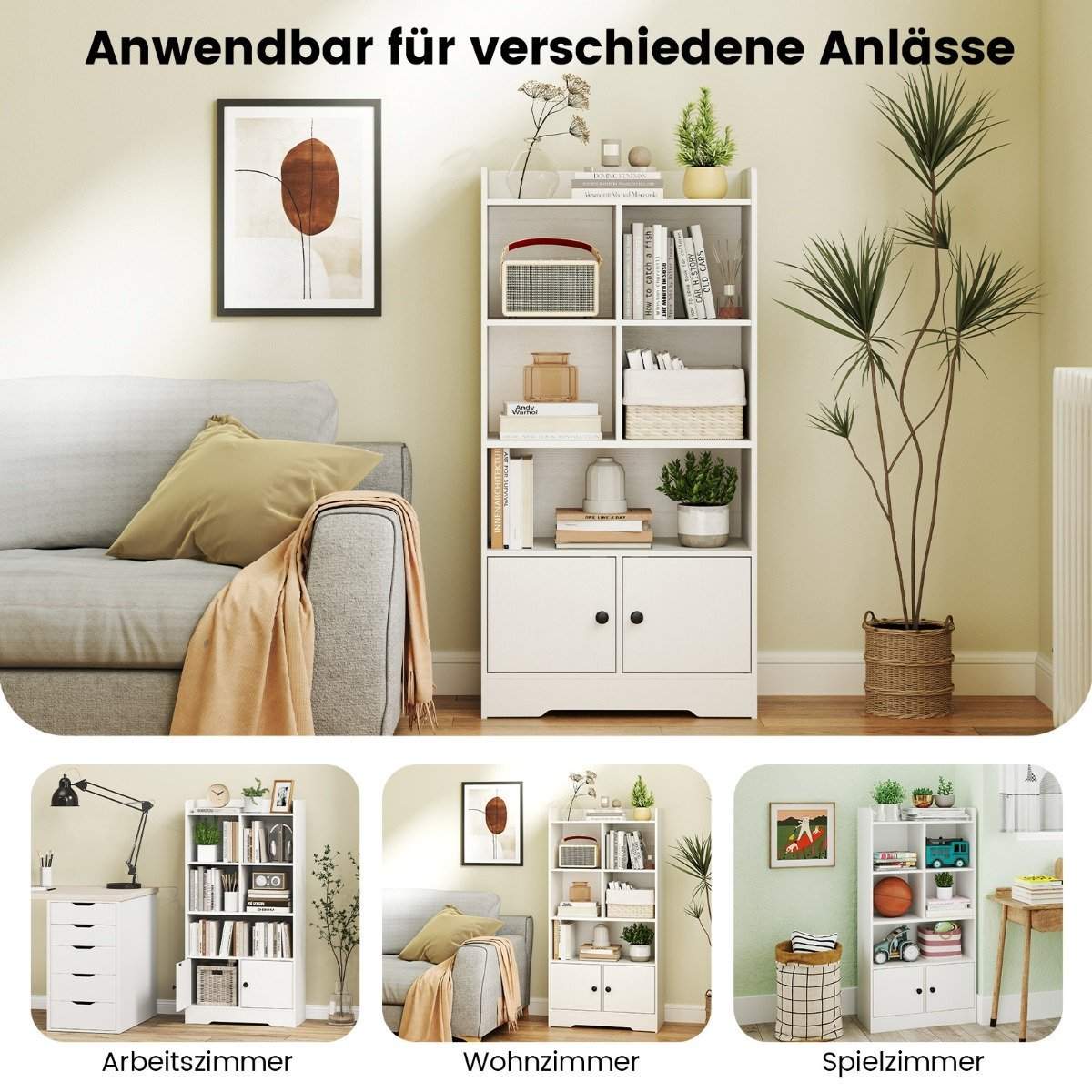 Reol med 2 låger og 5 rum, hvid træreol, 60 x 29,5 x 120 cm