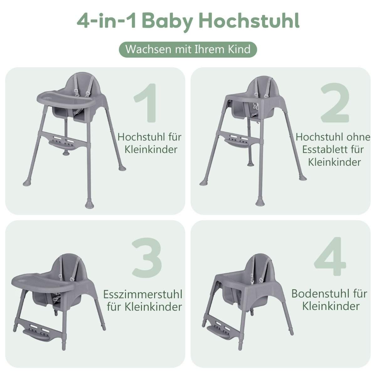 4 i 1 høj stol baby høj stol med aftagelig bakke baby høj stol grå