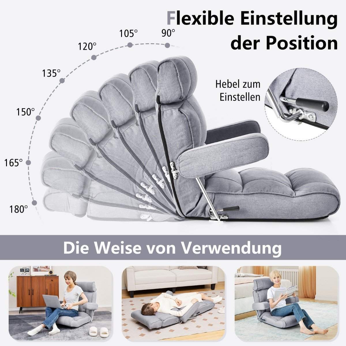 Lattiatuoli kokoontaitettava sohva säädettävällä selkänojalla 80 x 72 x 75 cm harmaa