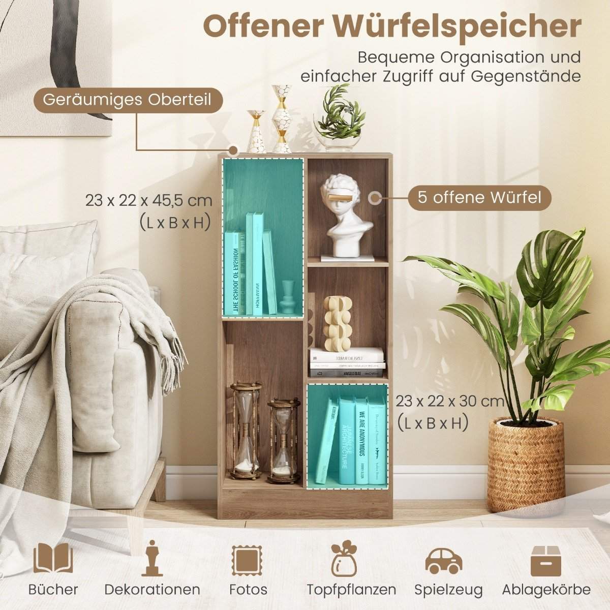 Bokhylla med 5 fack, stående hylla, kubhylla, kontorshylla, förvaringshylla, 50 x 24 x 104 cm, natur | Elektronik - Tillbehör Mobil & Surfplatta - Mobiltillbehör - Mobilkablar - Tillbehör | Pryloteket