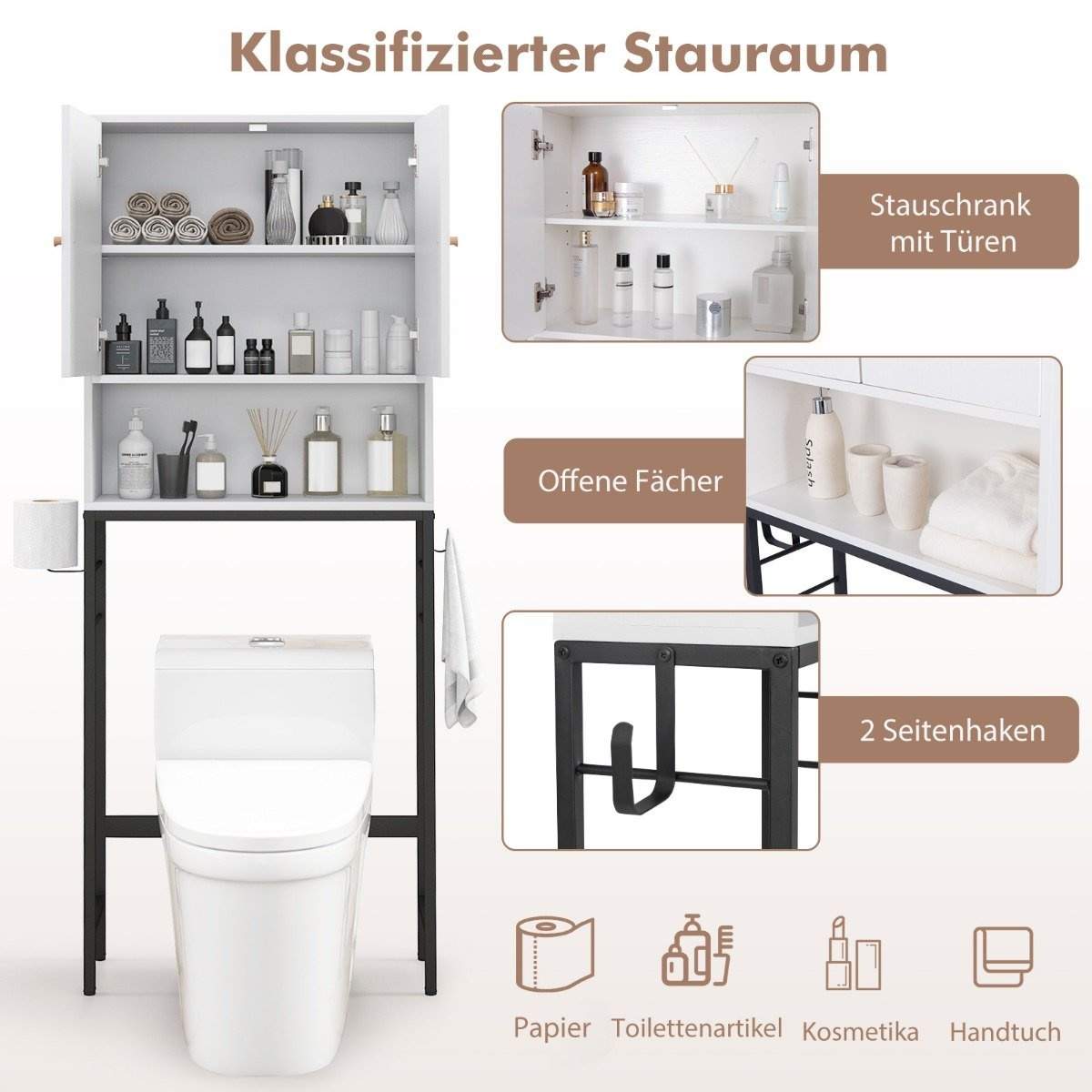 Toiletskab fritstående toilethylde med 2 låger & 2 knager 63 x 23 x 165,5 cm hvid
