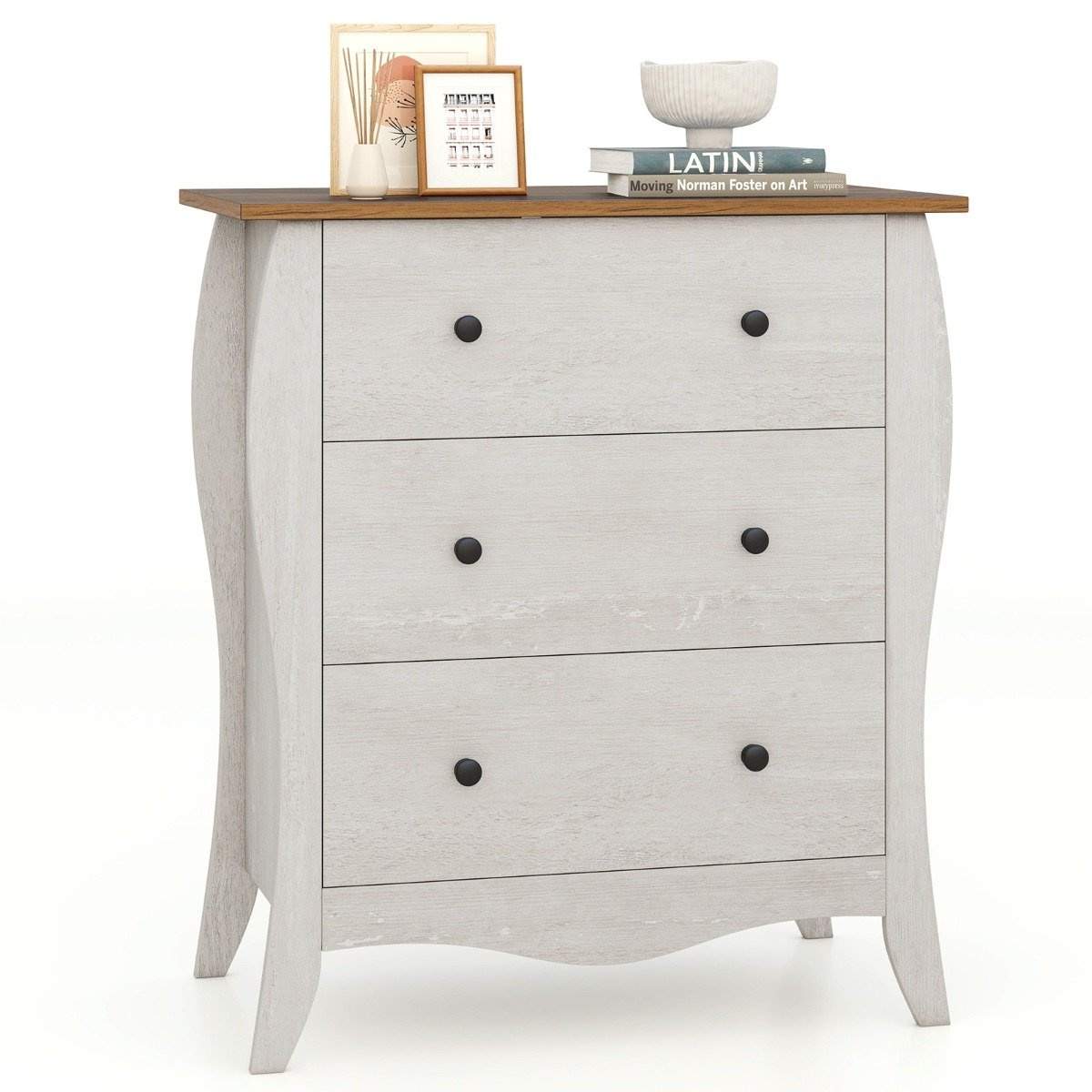 Kommode med 3 folde stofskuffer, skænk i landlig stil, gråt skuffeskab