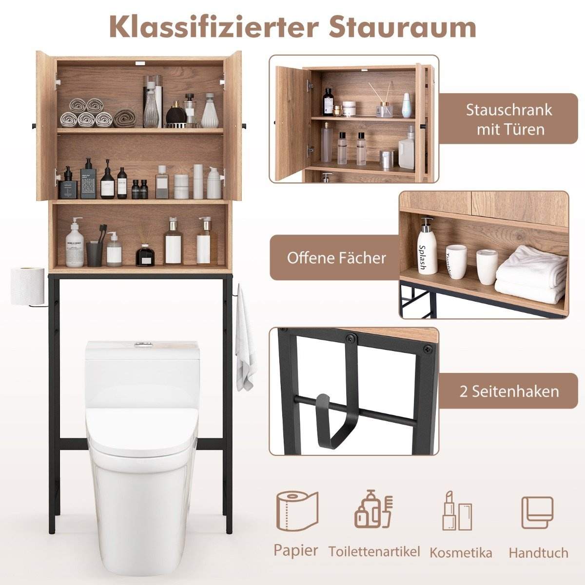 Toiletskab fritstående toilethylde med 2 låger & 2 kroge 63 x 23 x 165,5 cm natur