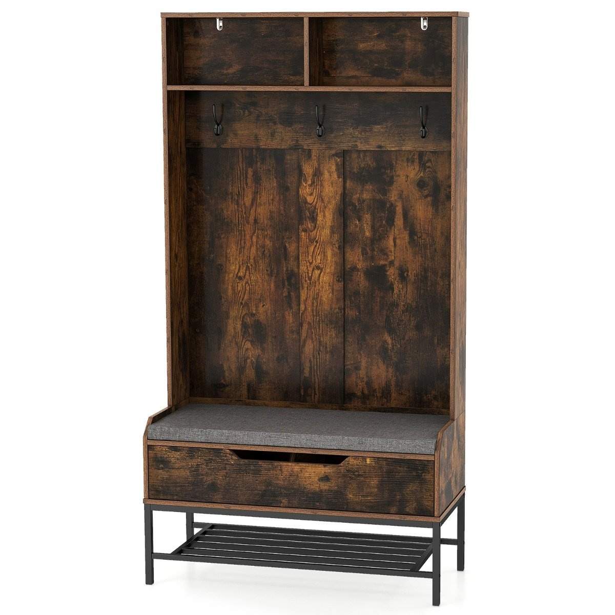 4 i 1 garderob med bänk & Skoskåp & 3 krokar klädhängare klädställning brun