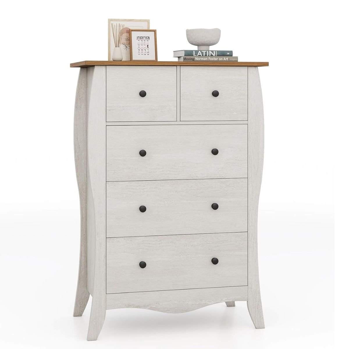 Kommode med 5 folde stofskuffer, skænk i landlig stil, gråt skuffeskab