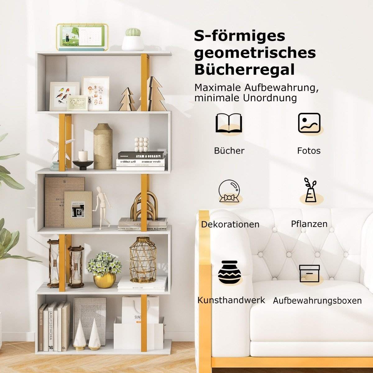 Kirjahylly valkoinen seisova hylly 5 tasolla S-muotoinen toimistohylly vapaasti seisova 70 x 24 x 157 cm