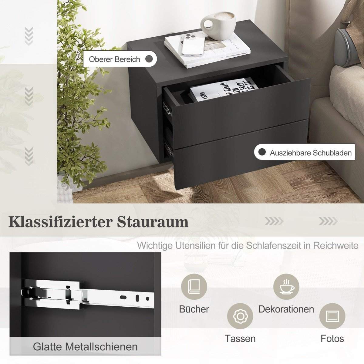 Sengebord hængende væghylde med 2 skuffer sidebord vægmonteret 42 x 30 x 28 cm grå