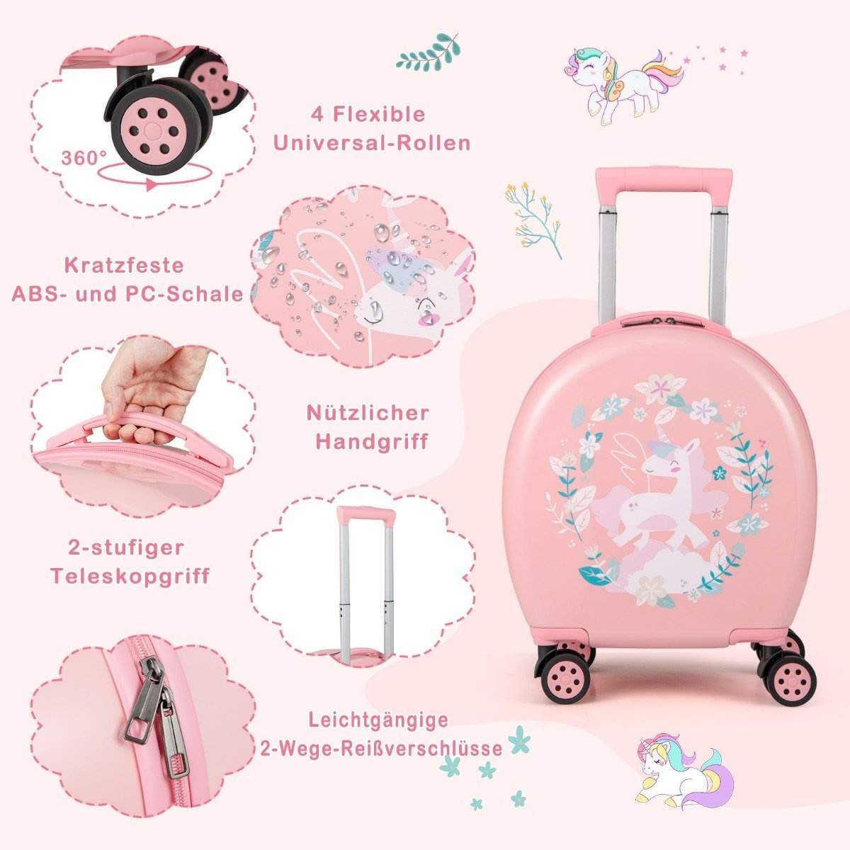 4-delt børnekuffert + rygsæk 10"+14" børnevogn med hjul pink