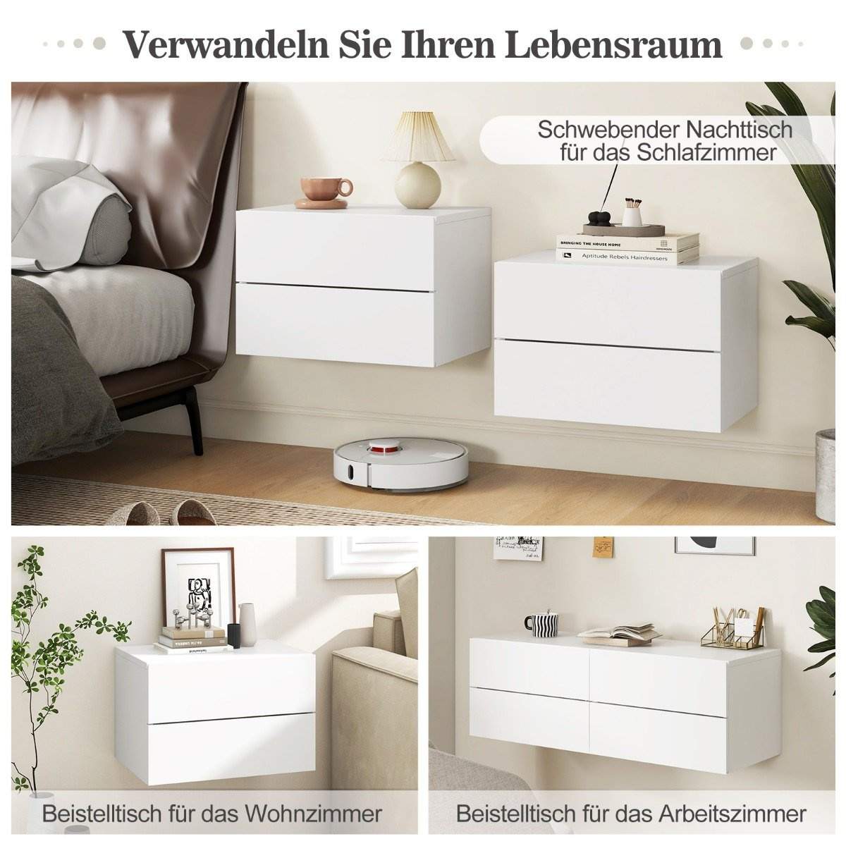 Sengebord hængende væghylde med 2 skuffer sidebord vægmonteret 42 x 30 x 28 cm hvid