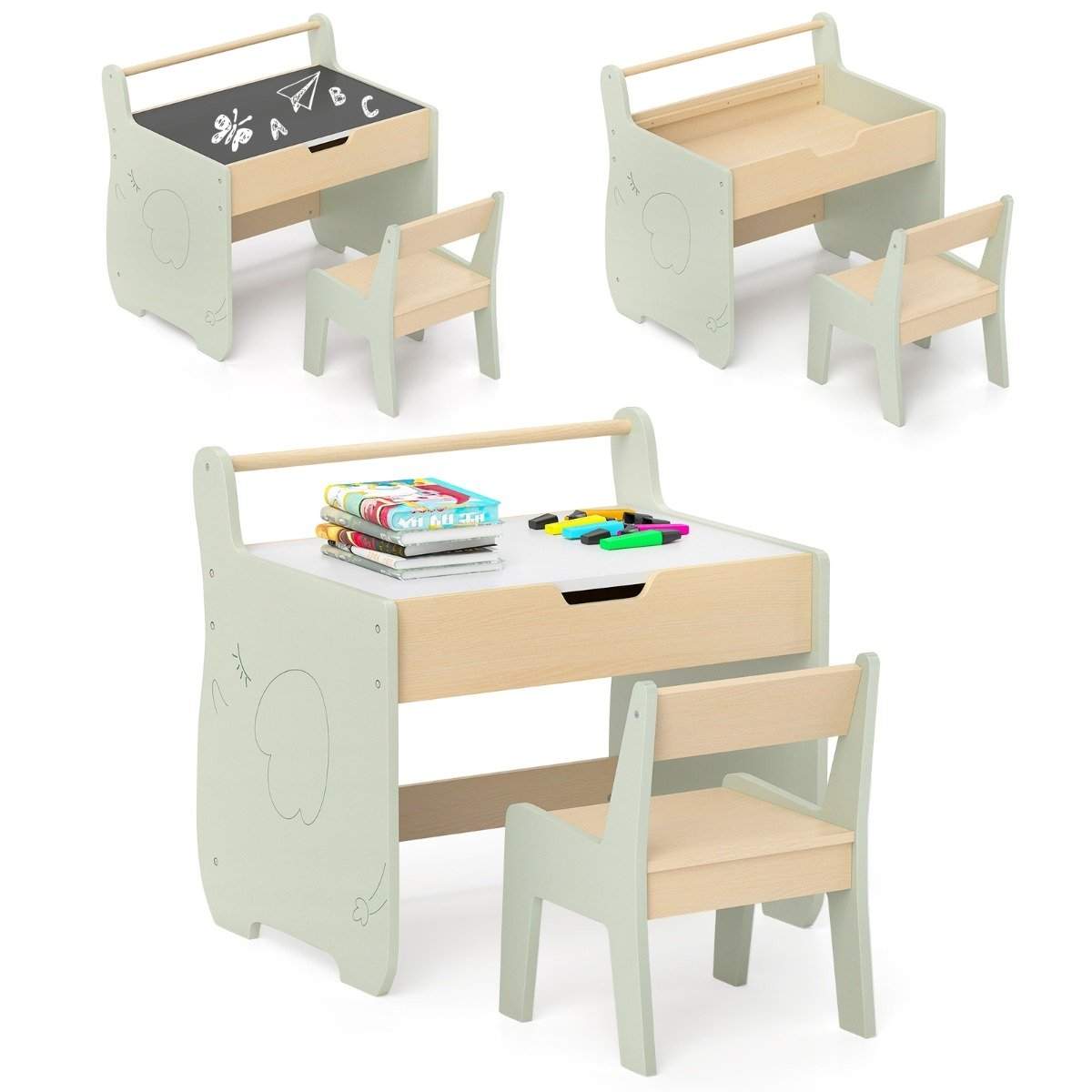 3 i 1 børne siddegruppe lavet af træ, børnebord med stol, børne malebord med vendbar bordplade
