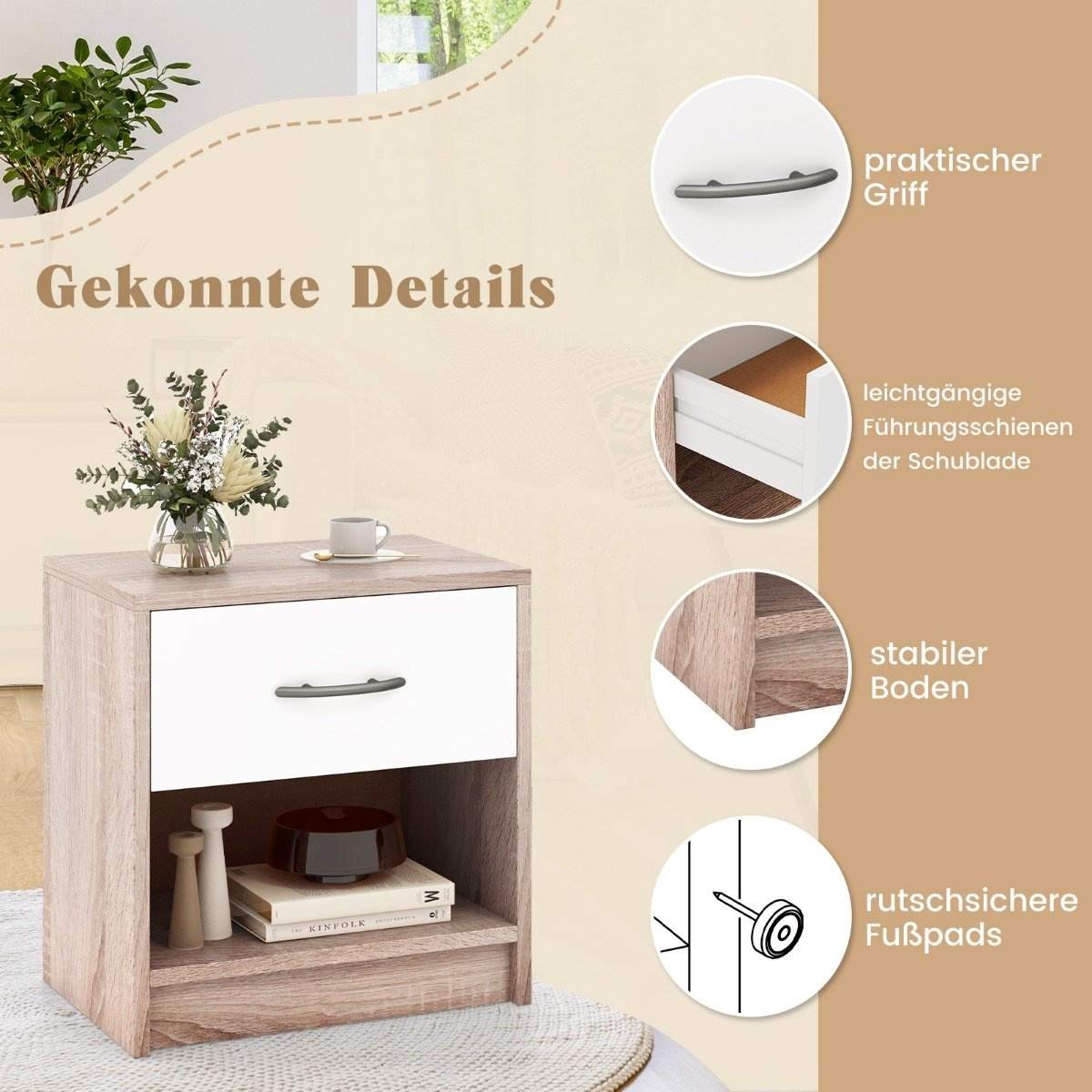 Sengebord med skuffe Lille sidebord med åbent rum 38,5 x 28 x 40,5 cm natur + hvid