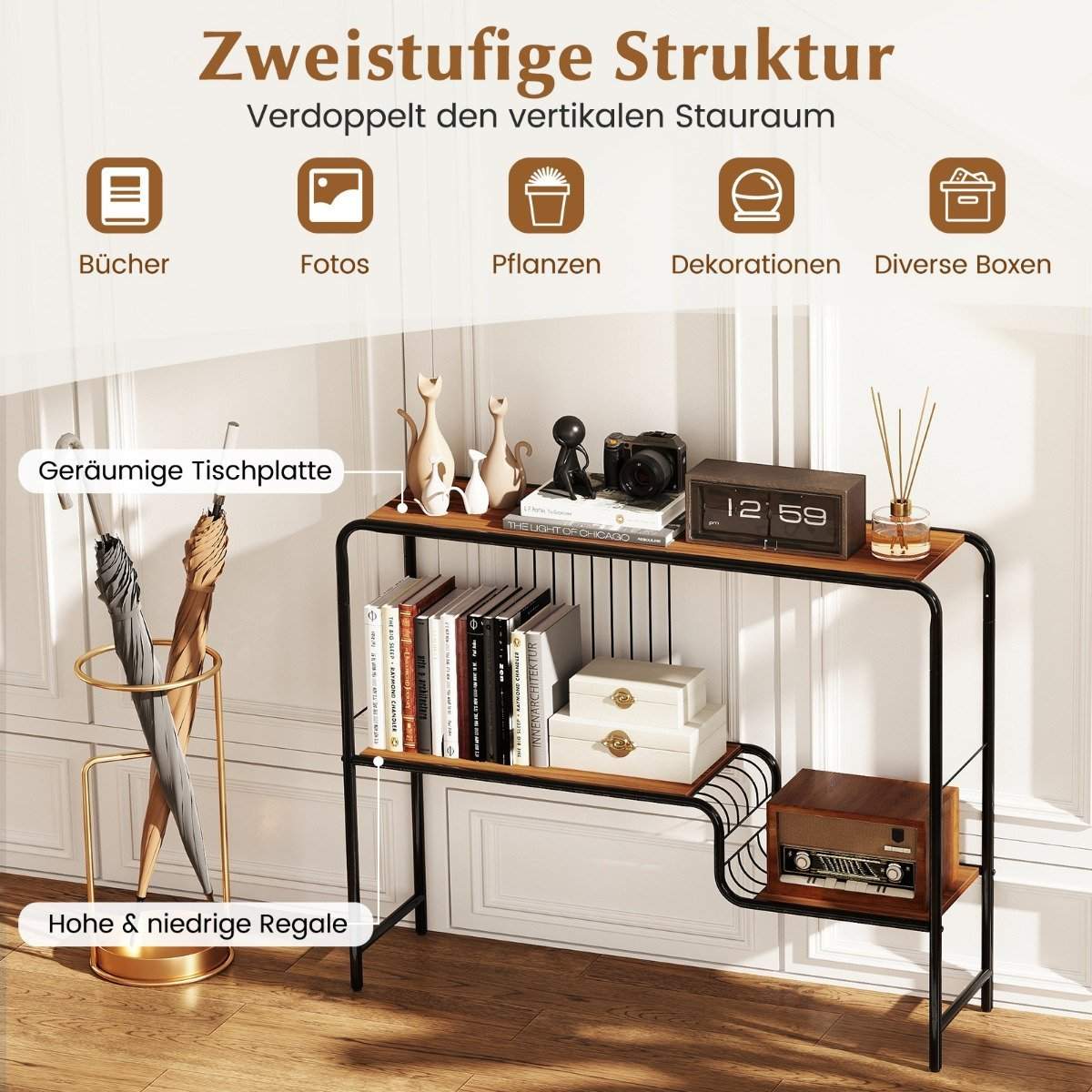 Konsolbord gangbord med 2 hylder og metalramme indgangsbord med justerbare fødder 99 x 27 x 79 cm