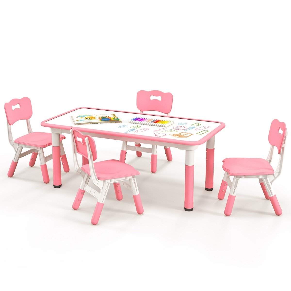 Børnebord med 4 stole sat med graffiti bordplade Højdejusterbar børne siddegruppe pink
