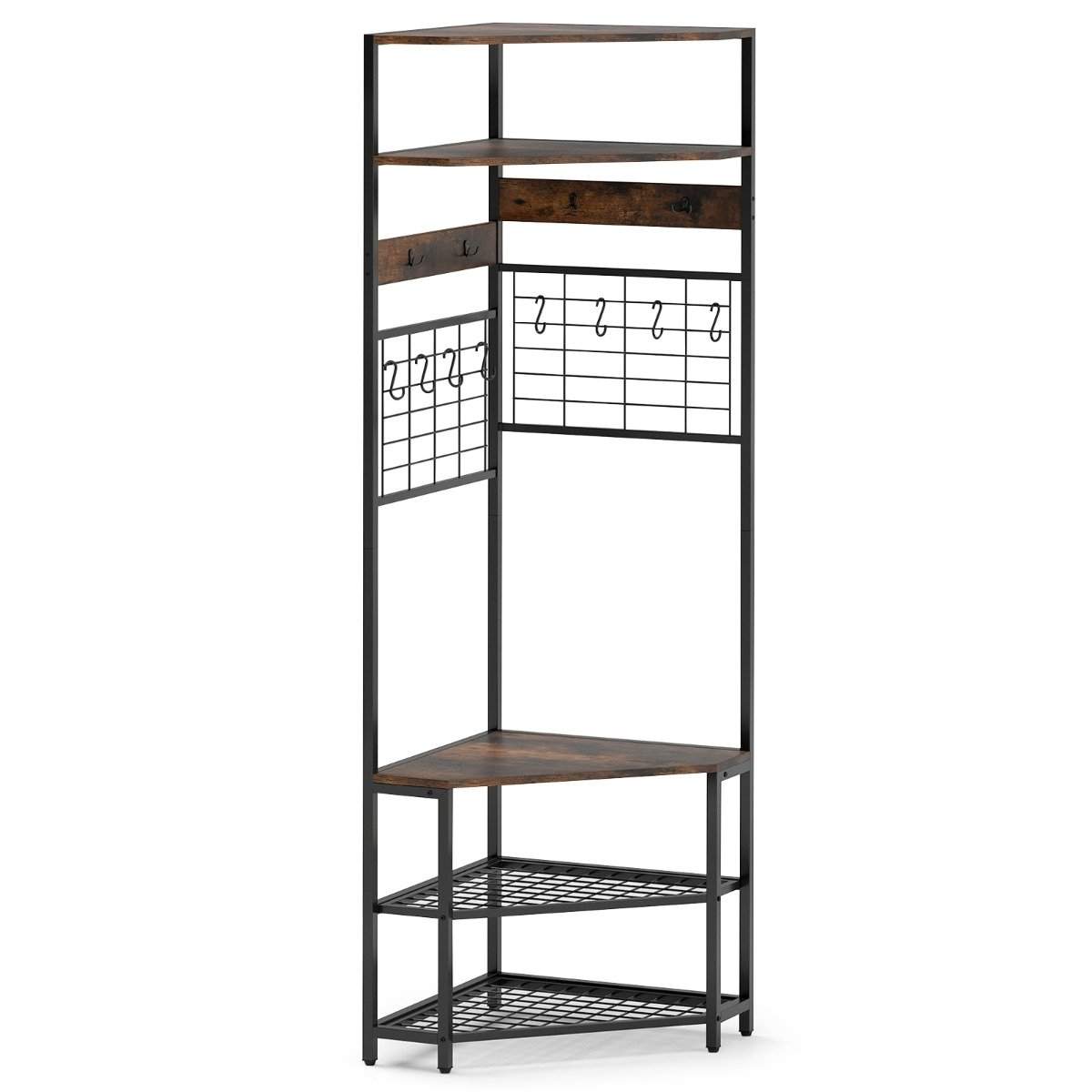 Hjørne knagerække med skobænk & 12 metalkroge Fritstående tøjstativ Brun