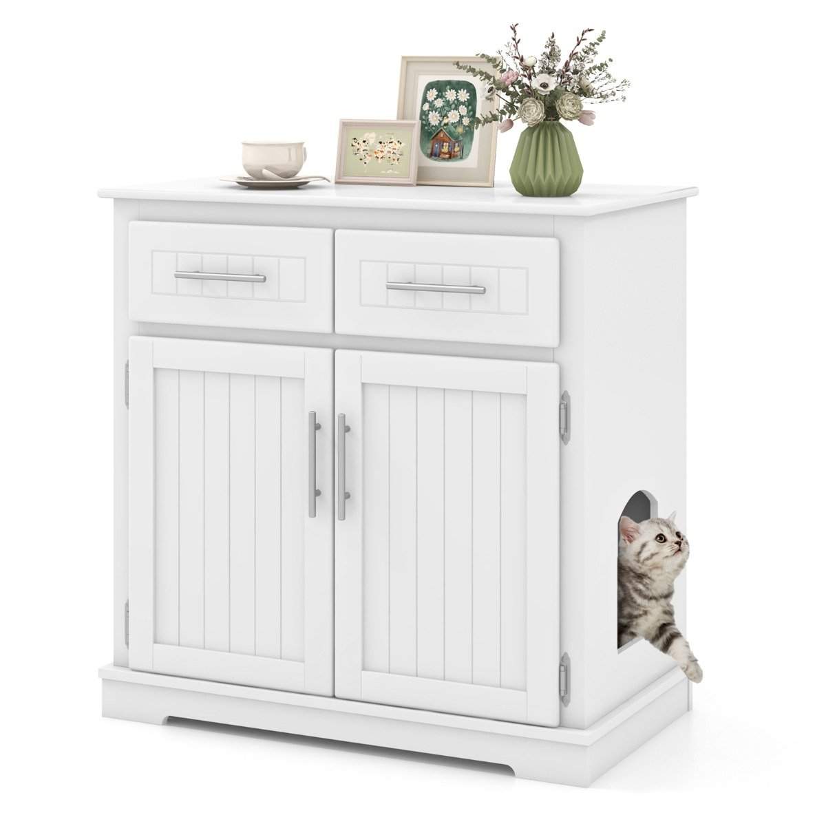 Katteskab til kattebakke med 2 skuffer & 2 låger & indgangs kattebakke kattehus