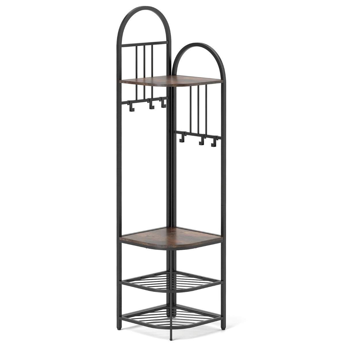 Hjørne knagerække med skoopbevaringsbænk & 6 aftagelige kroge 4 etagers tøjstativ Brun