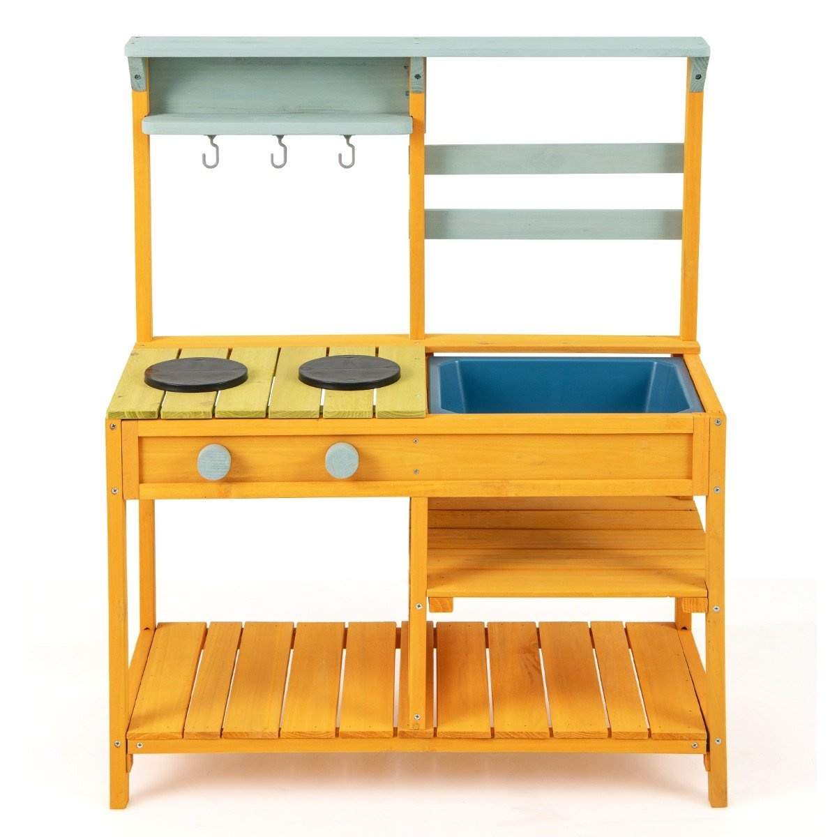Mutakeittiö kuusipuusta valmistettu lasten leikkikeittiö uuninnupeilla & Pesuallas keltainen
