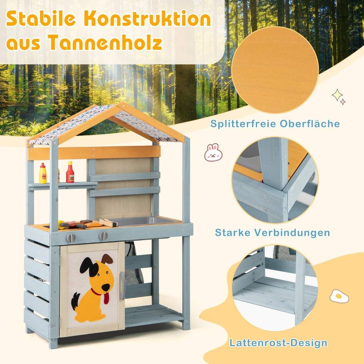 2-IN-1 mutakeittiö lasten ulkokäyttöön tarkoitettu lasten keittiö puu kassilla ja koreilla 75 x 34 x 111 cm monivärinen