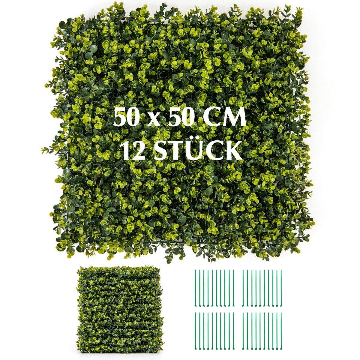 Pakke med 12 stk 50 x 50 cm kunstig hæk buksbompaneler med 7 cm tykkelse og bølget overflade