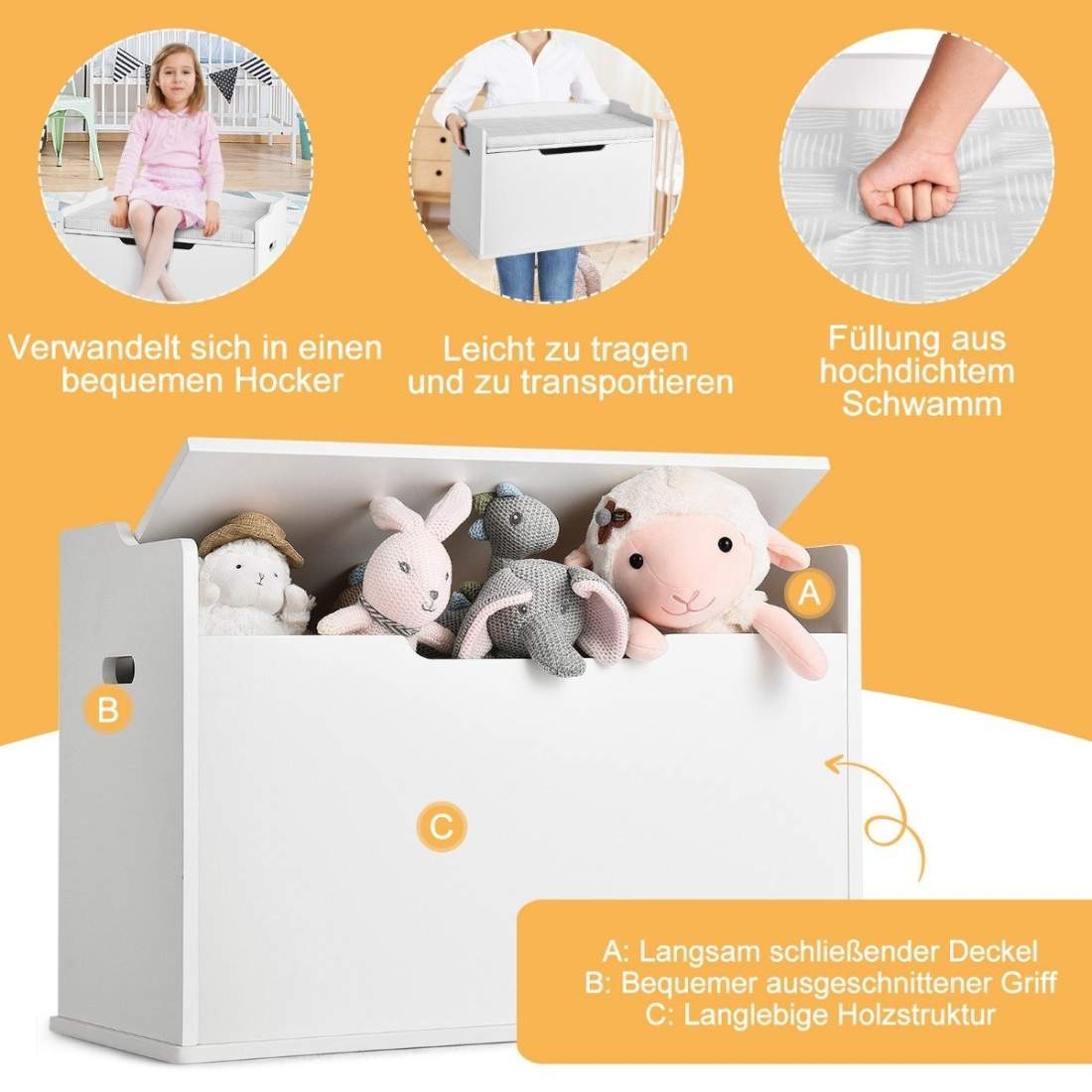 Leksakslåda med lock 2 i 1 leksakskrin med kudde leksaksskåp 74 x 39 x 52 cm vit | Leksaker & Spel - Leksaker | Pryloteket