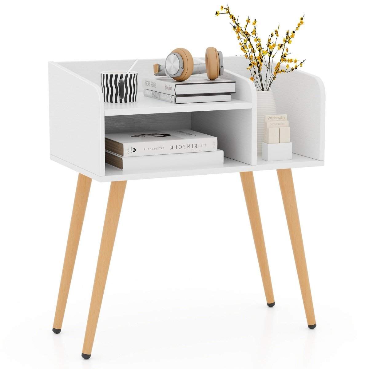 Sengebord sidebord med åbent rum sofabord med metal støtteben 50 x 32 x 58 cm hvid 1 stk.